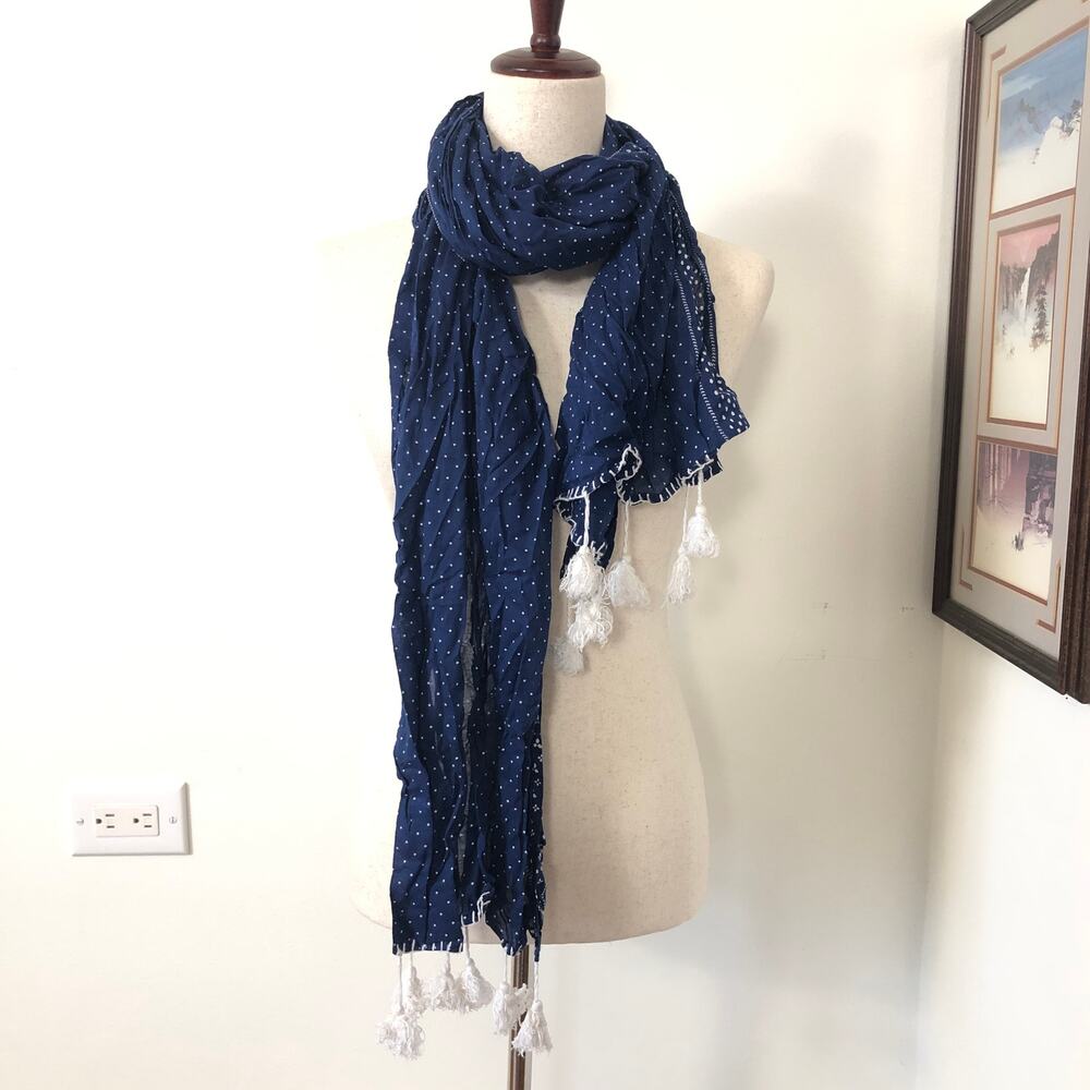 FEED Target Navy Blue Polka‎ Dot Tassel Scarf Lightweight Sheer Boho Coastal